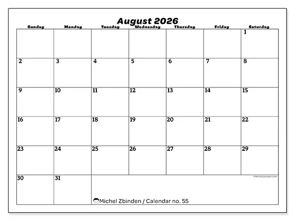 Printable August 2026 calendar - Leisure organization - Week from Sunday to Saturday