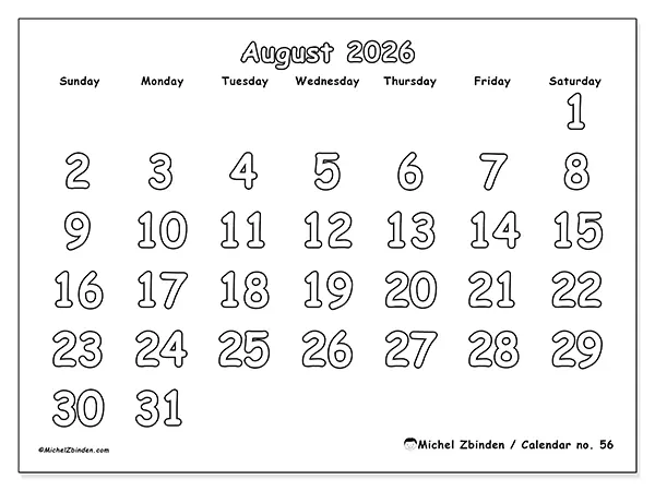 Printable August 2026 calendar - Useful coloring - Week from Sunday to Saturday