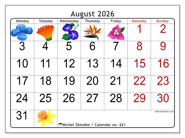 Printable August 2026 calendar - Big flowers