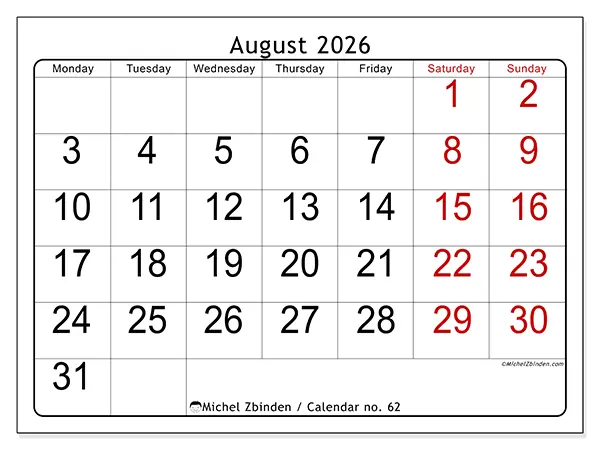 Printable August 2026 calendar - Speed reading