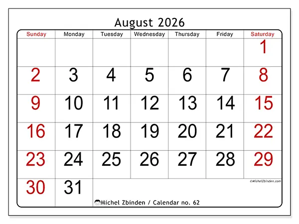 Printable August 2026 calendar - Speed reading - Week from Sunday to Saturday