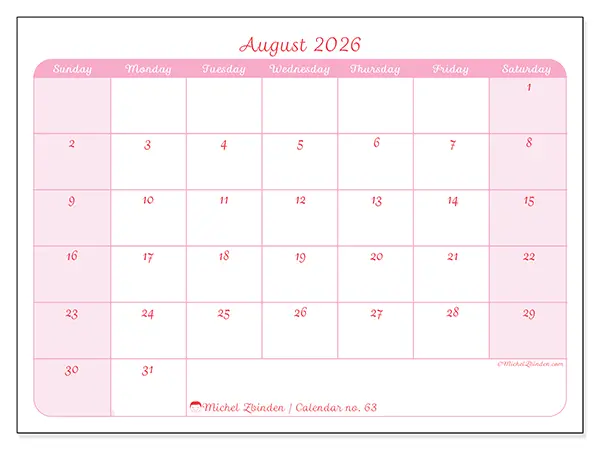 Printable August 2026 calendar - Gentle organization - Week from Sunday to Saturday