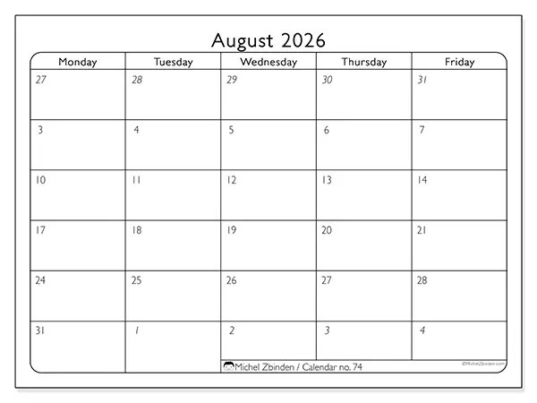 Printable August 2026 calendar - Work organization