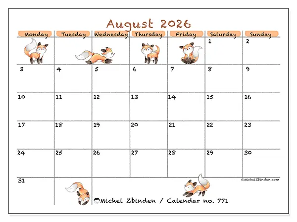 Printable August 2026 calendar - Fox drawings