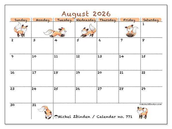 Printable August 2026 calendar - Fox drawings - Week from Sunday to Saturday