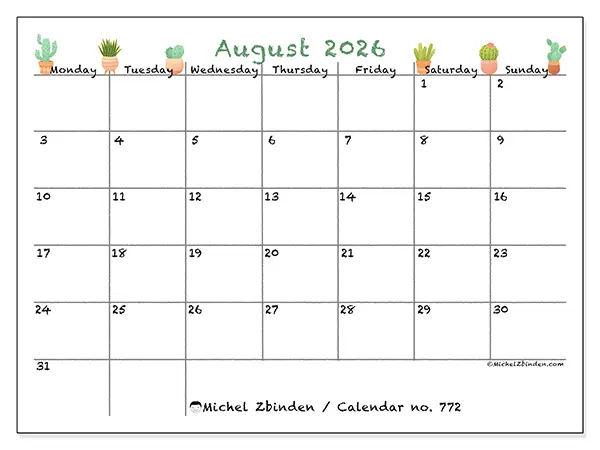 Printable August 2026 calendar - Decorative cactus