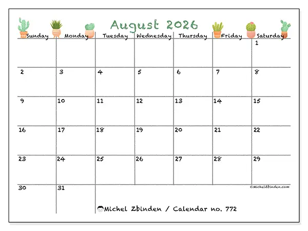 Printable August 2026 calendar - Decorative cactus - Week from Sunday to Saturday
