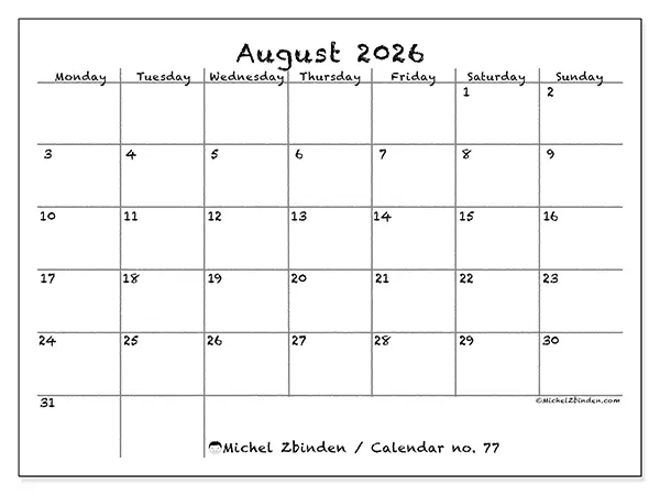 Printable August 2026 calendar - School and family