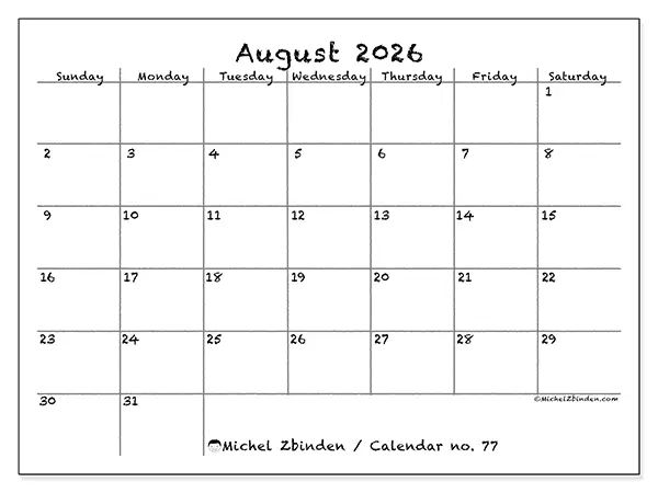 Printable August 2026 calendar - School and family - Week from Sunday to Saturday
