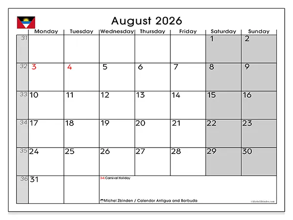 Printable August 2026 calendar - Antigua and Barbuda
