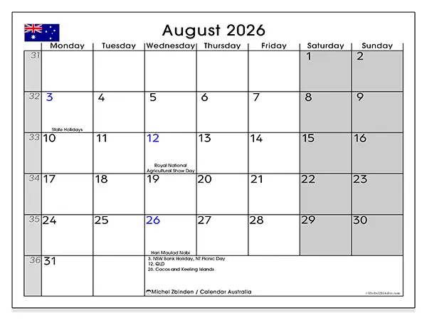 Printable August 2026 calendar - Australia
