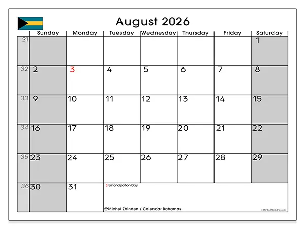 Printable August 2026 calendar - Bahamas