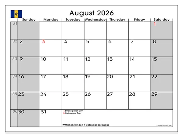 Printable August 2026 calendar - Barbados