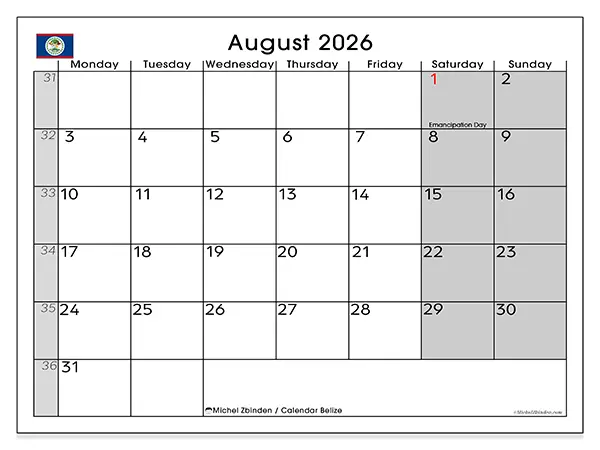Printable August 2026 calendar - Belize