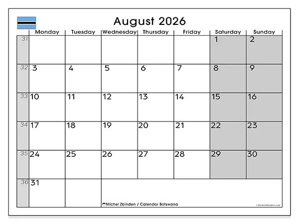 Printable August 2026 calendar - Botswana