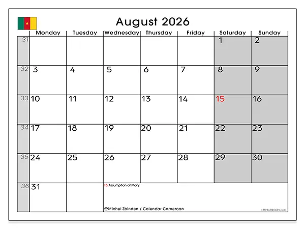Printable August 2026 calendar - Cameroon