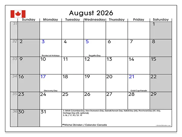 Printable August 2026 calendar - Canada
