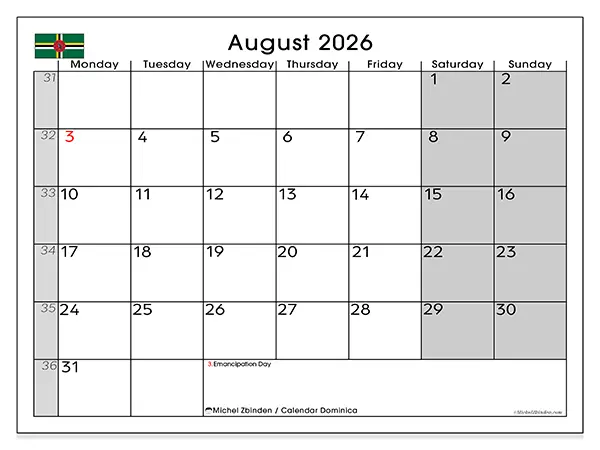 Printable August 2026 calendar - Dominica