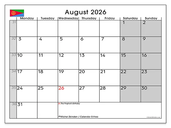 Printable August 2026 calendar - Eritrea