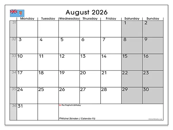 Printable August 2026 calendar - Fiji