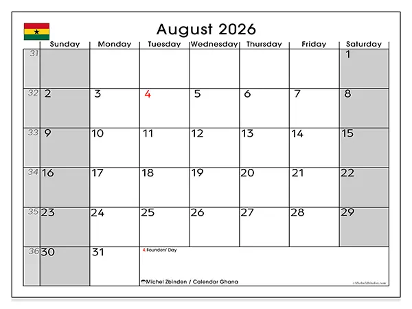 Printable August 2026 calendar - Ghana