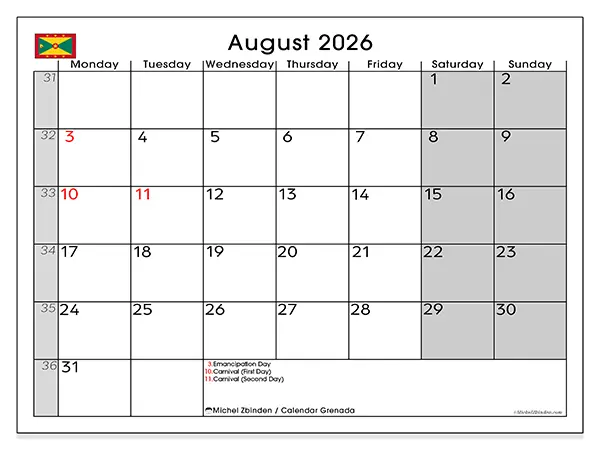 Printable August 2026 calendar - Grenada