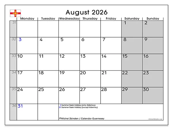 Printable August 2026 calendar - Guernsey
