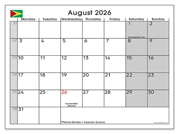 Printable August 2026 calendar - Guyana