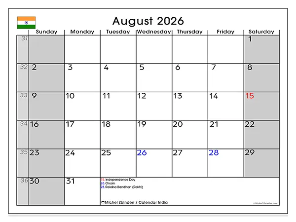 Printable August 2026 calendar - India