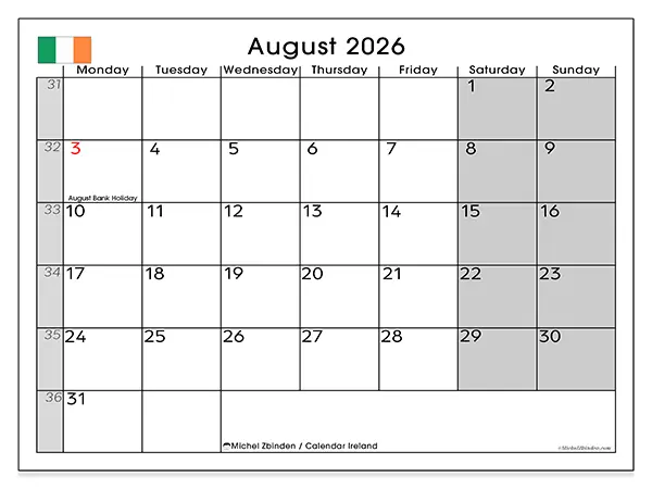 Printable August 2026 calendar - Ireland