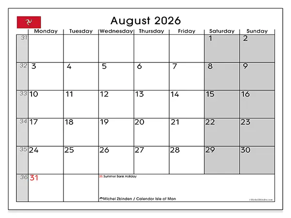 Printable August 2026 calendar - Isle of Man