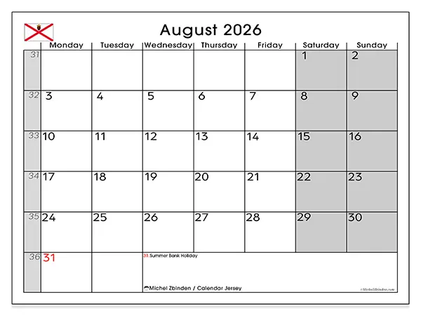 Printable August 2026 calendar - Jersey