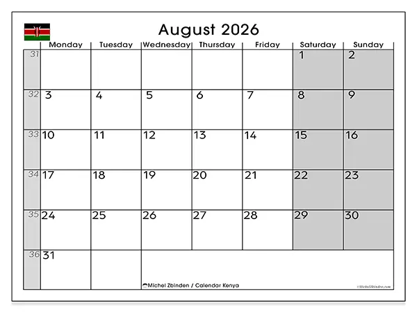 Printable August 2026 calendar - Kenya