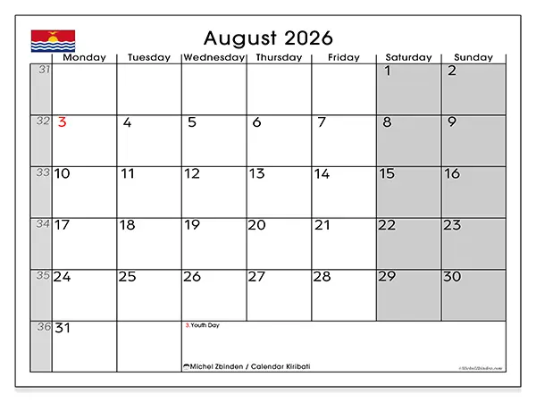Printable August 2026 calendar - Kiribati