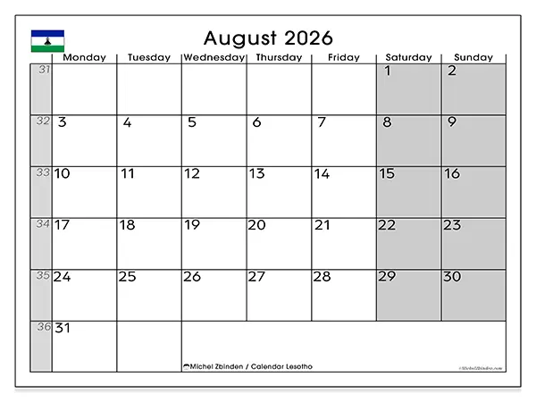 Printable August 2026 calendar - Lesotho