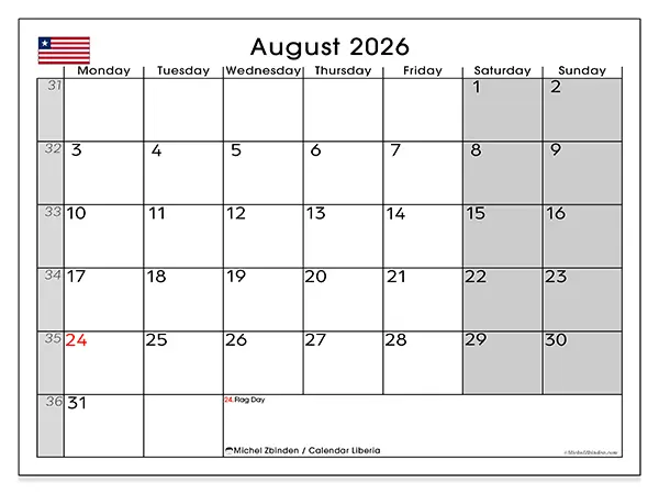 Printable August 2026 calendar - Liberia