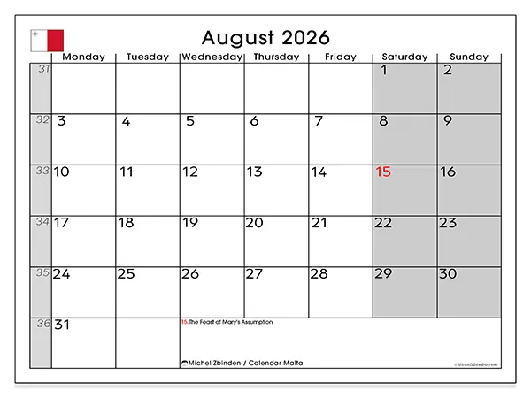 Printable August 2026 calendar - Malta