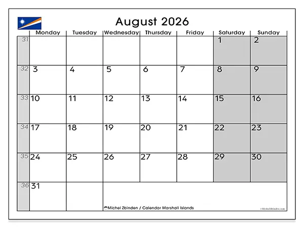 Printable August 2026 calendar - Marshall Islands