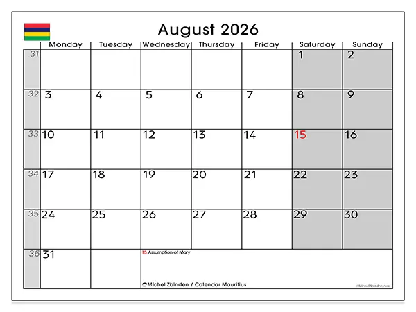 Printable August 2026 calendar - Mauritius