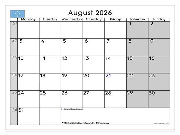 Printable August 2026 calendar - Micronesia