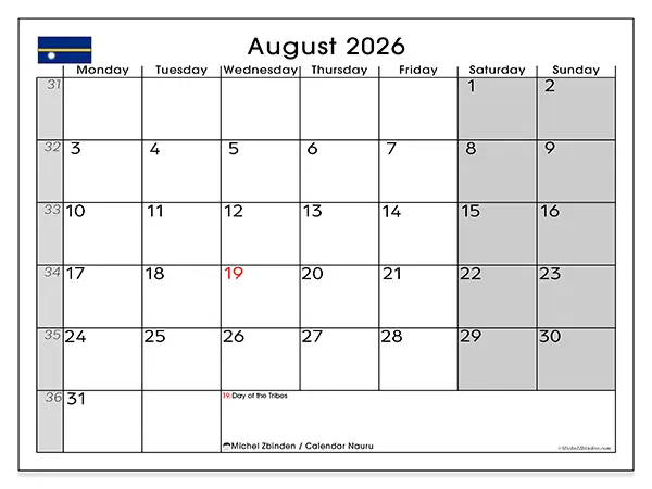 Printable August 2026 calendar - Nauru