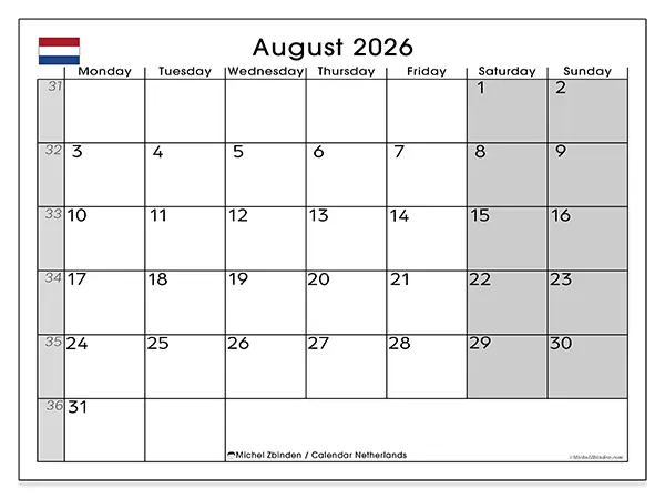 Printable August 2026 calendar - Netherlands