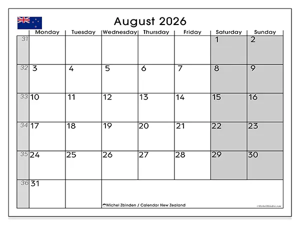 Printable August 2026 calendar - New Zealand