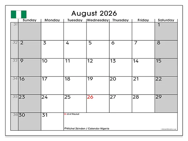 Printable August 2026 calendar - Nigeria