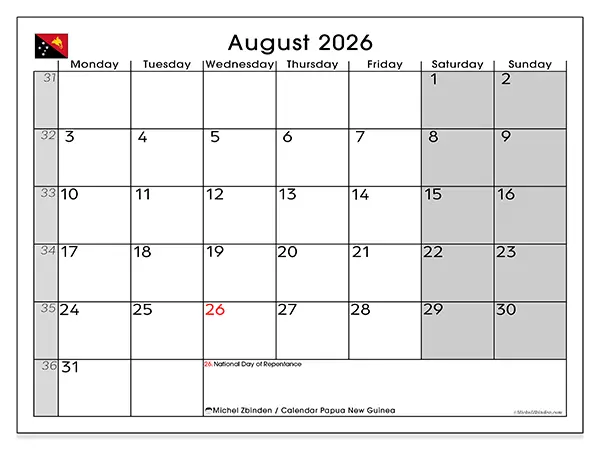 Printable August 2026 calendar - Papua New Guinea