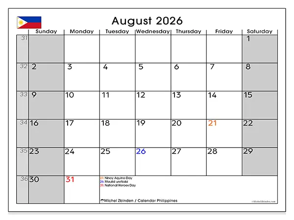 Printable August 2026 calendar - Philippines