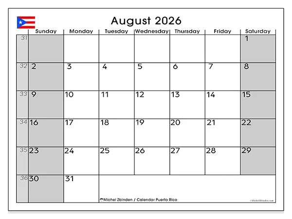 Printable August 2026 calendar - Puerto Rico