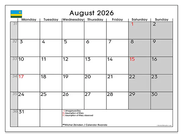 Printable August 2026 calendar - Rwanda