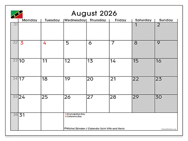 Printable August 2026 calendar - Saint Kitts and Nevis
