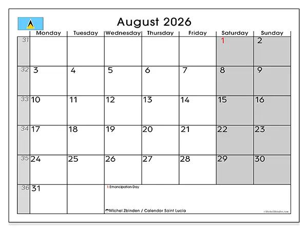 Printable August 2026 calendar - Saint Lucia